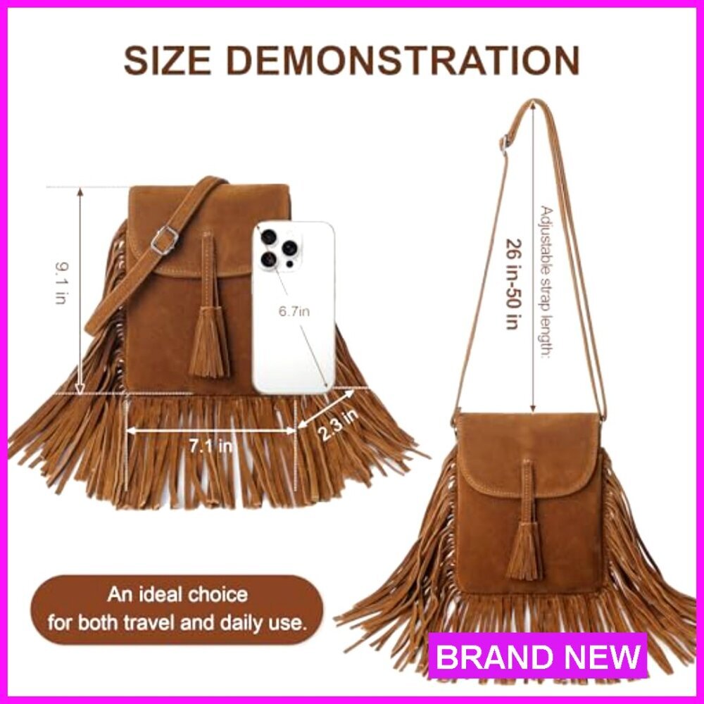 Trendy Vegan Suede Crossbody Bag with Fringe Tassels and Card Slots - Picture 4 of 7